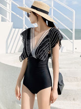 Load image into Gallery viewer, Retro Lotus Leaf High Waist Lace Riffled Swimwear