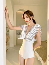 Load image into Gallery viewer, Retro Lotus Leaf High Waist Lace Riffled Swimwear