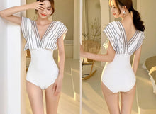 Load image into Gallery viewer, Retro Lotus Leaf High Waist Lace Riffled Swimwear