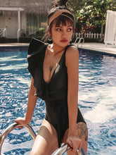 Load image into Gallery viewer, Fanciful Asymmetric ruffled Black/ White Deep V Neck One Piece