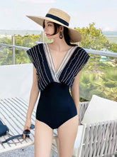 Load image into Gallery viewer, Retro Lotus Leaf High Waist Lace Riffled Swimwear