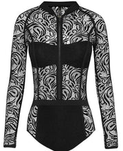 Load image into Gallery viewer, Black Lace Montage Long Sleeve Zipper Swimsuit
