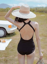 Load image into Gallery viewer, Black and White Swimwear with Mesh Blouse Covering
