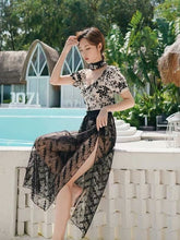 Load image into Gallery viewer, New Lace Long Shirt conservative belly covering all in one sexy retro swimwear

