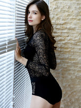 Load image into Gallery viewer, Black Lace Montage Long Sleeve Zipper Swimsuit
