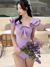 Load image into Gallery viewer, Lavender colour Retro Lotis leaf ruffled swimwear
