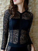 Load image into Gallery viewer, Black Lace Montage Long Sleeve Zipper Swimsuit
