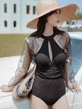 Load image into Gallery viewer, Black and White Swimwear with Mesh Blouse Covering
