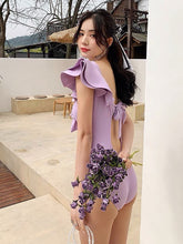 Load image into Gallery viewer, Lavender colour Retro Lotis leaf ruffled swimwear
