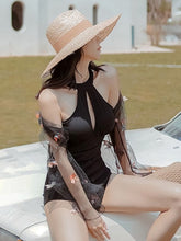 Load image into Gallery viewer, Black and White Swimwear with Mesh Blouse Covering
