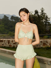 Load image into Gallery viewer, Retro style round collar green skinny spilt bikini

