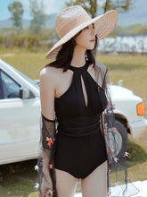 Load image into Gallery viewer, Black and White Swimwear with Mesh Blouse Covering
