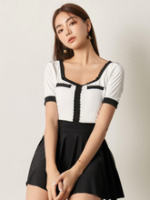 Load image into Gallery viewer, Black &amp; White Retro One Piece with Chest Pad +Skirt
