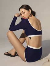 Load image into Gallery viewer, Dark Blue Three Pieces Split Swimwear
