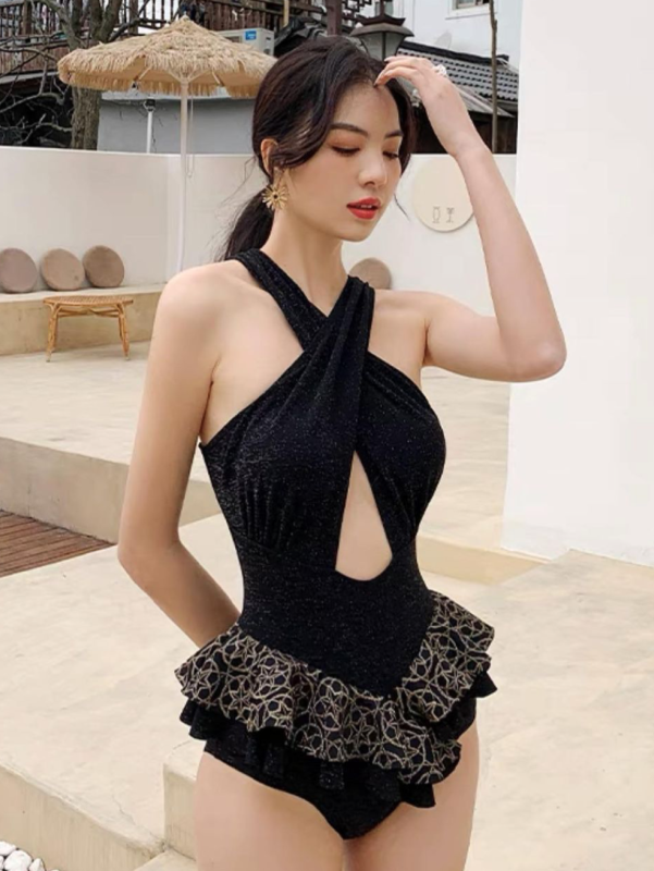 Cut Out Cross Shoulder Strap Open Back Raffle Swimwear