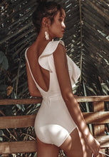 Load image into Gallery viewer, Fanciful Asymmetric ruffled Black/ White Deep V Neck One Piece
