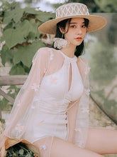 Load image into Gallery viewer, Black and White Swimwear with Mesh Blouse Covering
