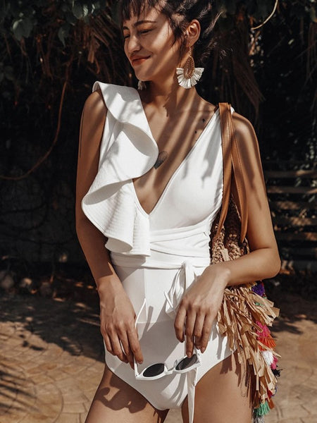 Fanciful Asymmetric ruffled Black/ White Deep V Neck One Piece