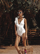 Load image into Gallery viewer, Fanciful Asymmetric ruffled Black/ White Deep V Neck One Piece
